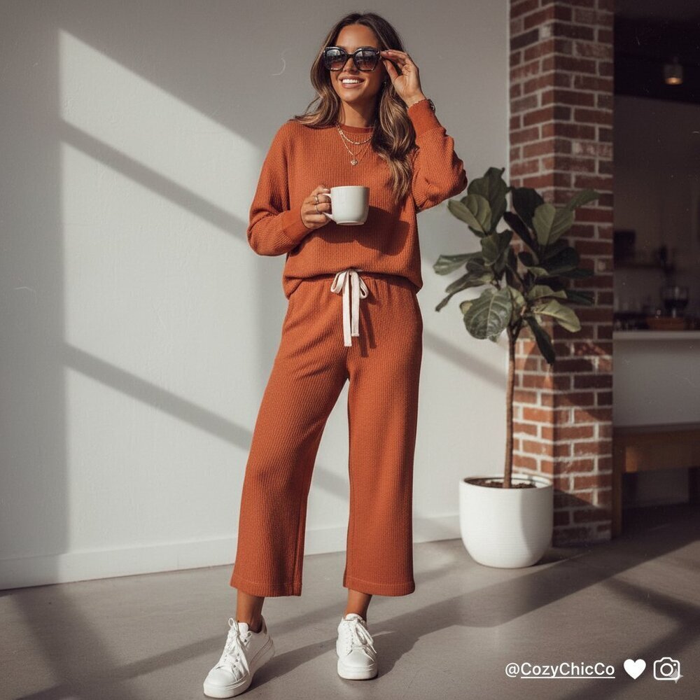 Charlie Holiday Locale Waffle Sweatshirt & Journey Lounge Pants Set Rust Size S